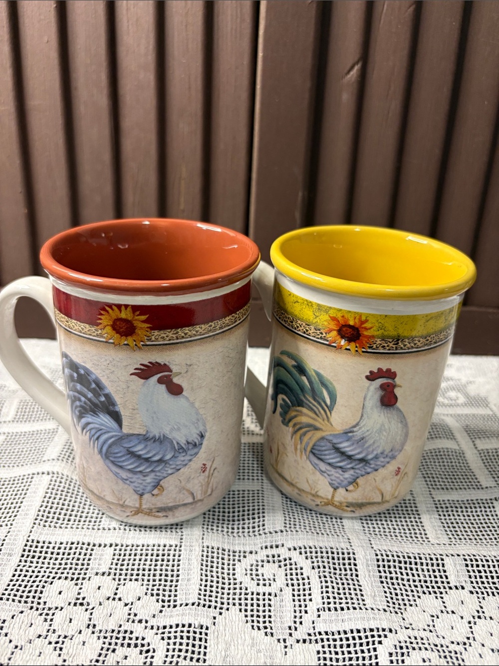 Gibson Everyday Rooster Ceramic Mugs with Yellow and Orange Interiors - Set of 2